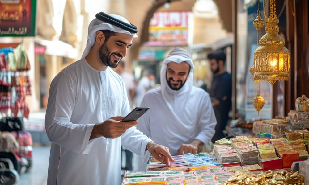 Zwei Männer in traditioneller emiratischer Kleidung kaufen Gold und Bargeld an einem Marktstand, mit buntem Schmuck und Banknoten ausgestellt.