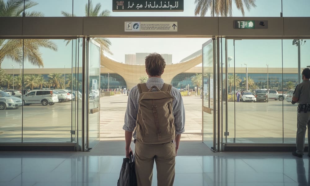 Ein Reisender mit Rucksack und Aktenkoffer steht vor einem gläsernen Eingang an einem Flughafen, bereit nach draußen zu gehen.
