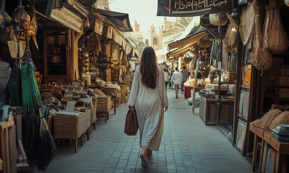 Eine Frau geht durch einen lebhaften Markt mit traditionellen Ständen und Geschäften in den Vereinigten Arabischen Emiraten.
