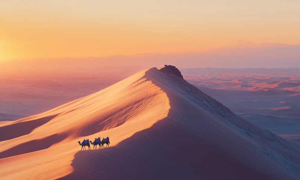 Camels trekking on a snow-covered dune at sunset in the Sahara Desert.
