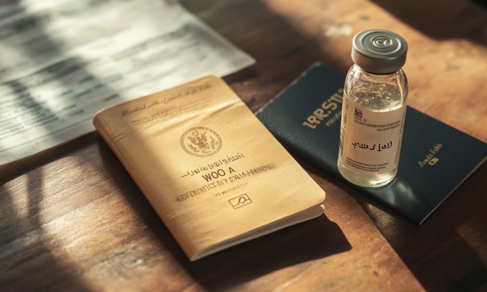 A vial of vaccine, a passport, and a health booklet on a wooden table with sunlight shadows.