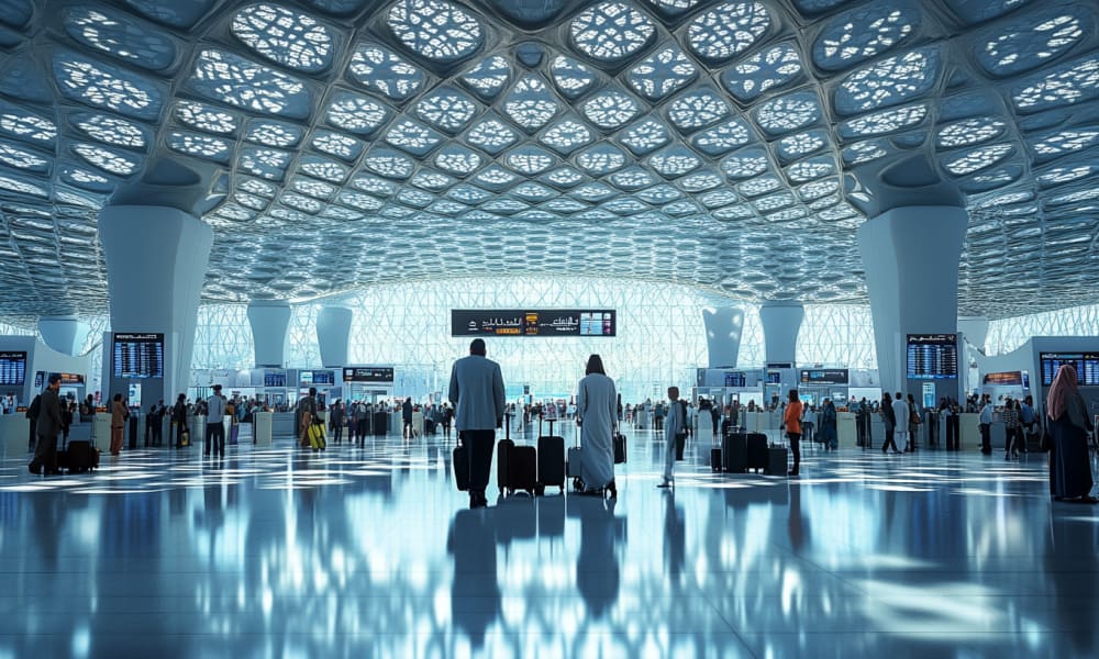 Innenansicht des Flughafens Abu Dhabi mit Reisenden und Gepäck unter einer markanten, gemusterten Decke.