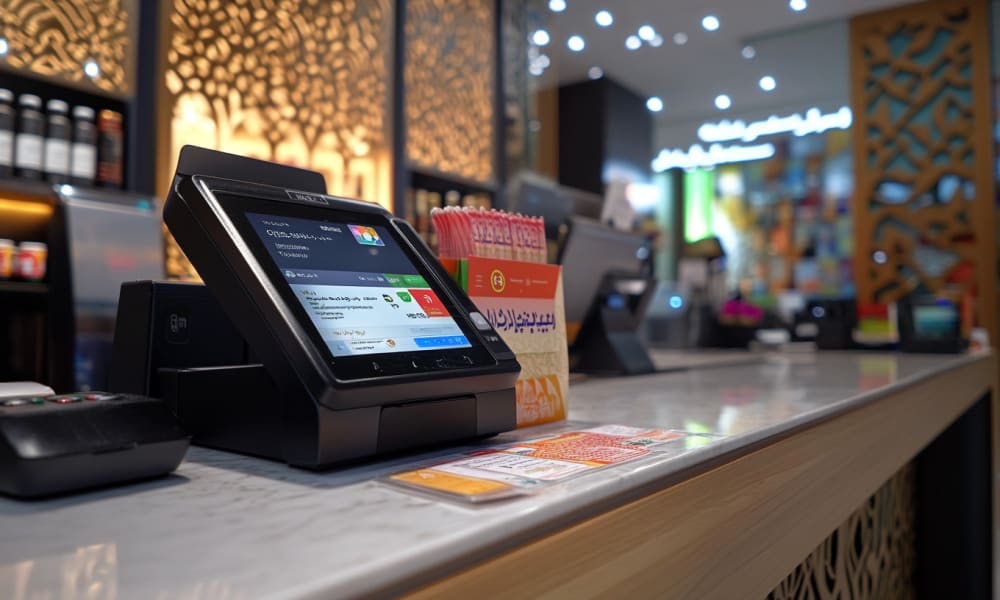 Ein modernes Kassen- und Kartenterminal auf einem Restaurant- oder Café-Theken in Saudi-Arabien.