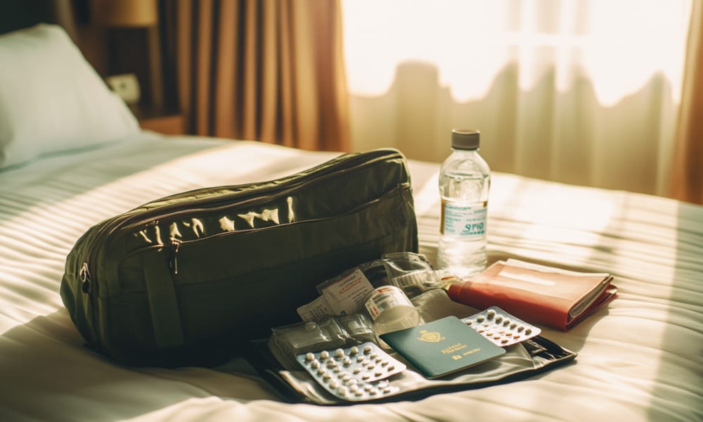 Ein Hotelbett mit einem Reiseset für medizinische Vorsorge, darunter Medikamente, eine Wasserflasche und ein Reisepass, auf einem sonnigen Zimmer.