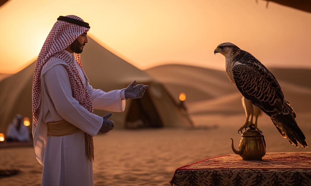 A man dressed in traditional Middle Eastern attire interacts with a falcon perched on a decorative stand in a desert setting at sunset.