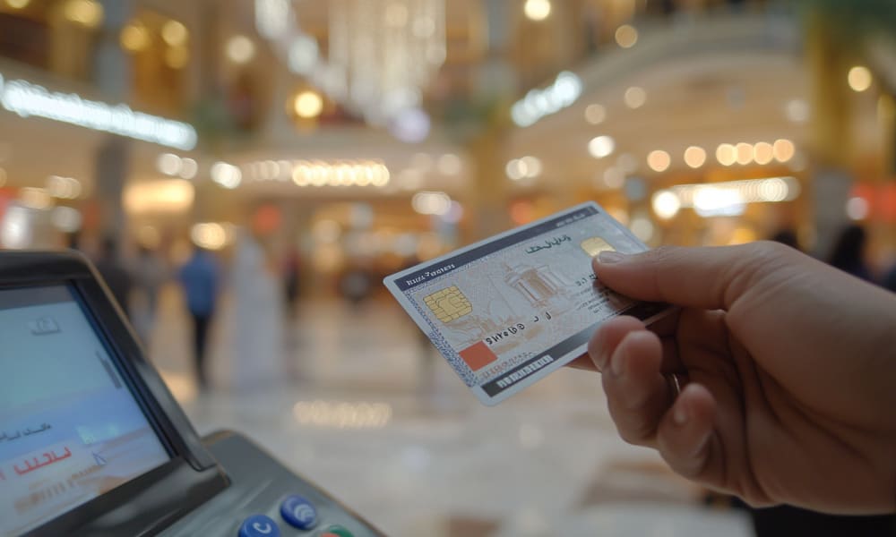 A person holding a credit card at a payment terminal in a shopping mall.