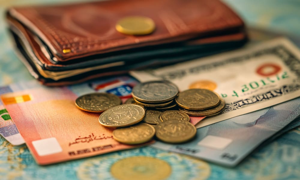 Coins and banknotes of various denominations placed on top of a wallet.