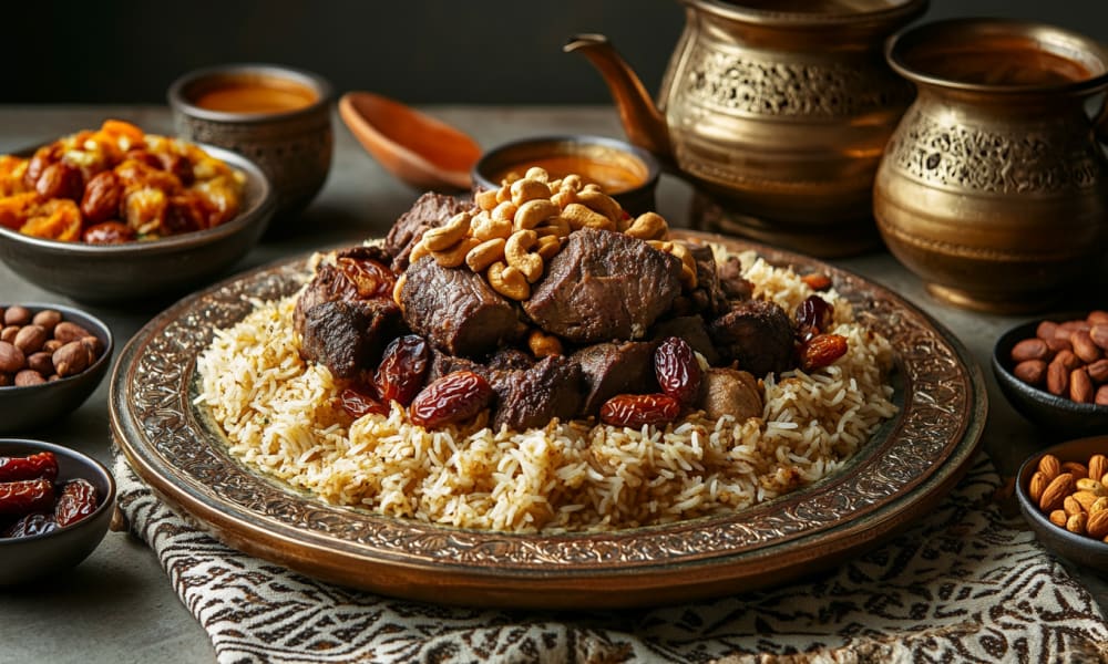 Ein traditionelles saudi-arabisches Gericht mit gewürztem Reis, bedeckt mit Rindfleisch, Nüssen und getrockneten Früchten, umgeben von verschiedenen kleinen Schüsseln mit Beilagen und Saucen.