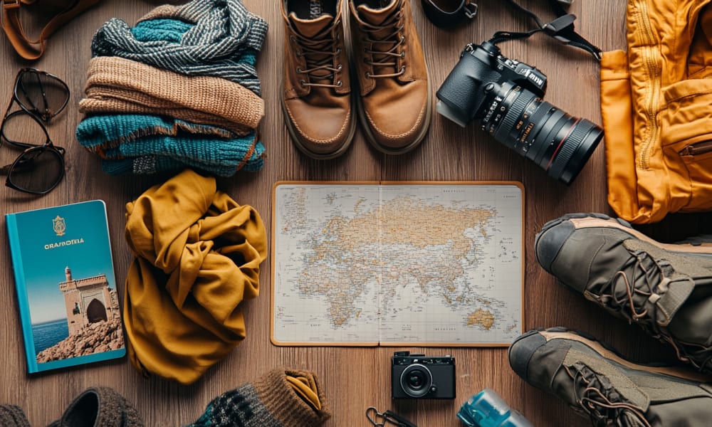 Eine übersichtliche Anordnung von Reisezubehör, einschließlich Schuhe, Kamera, Karte und Kleidung für eine Reise nach Marokko.