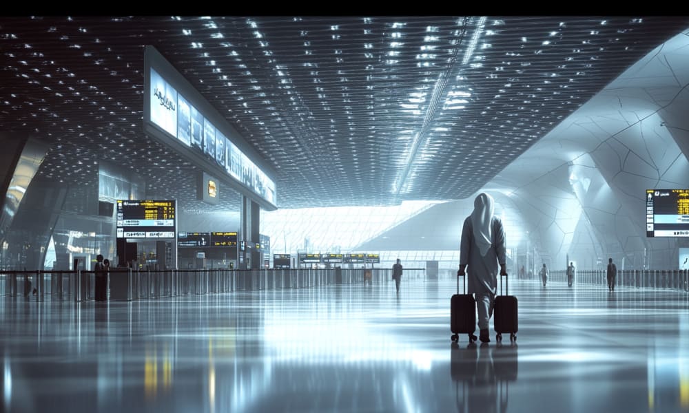 A traveler with luggage walking through an airport terminal with modern architecture and digital flight information screens.