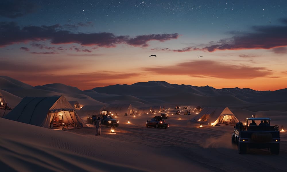 Camping tents and off-road vehicles in a desert during sunset, with mountains in the background and stars beginning to appear.