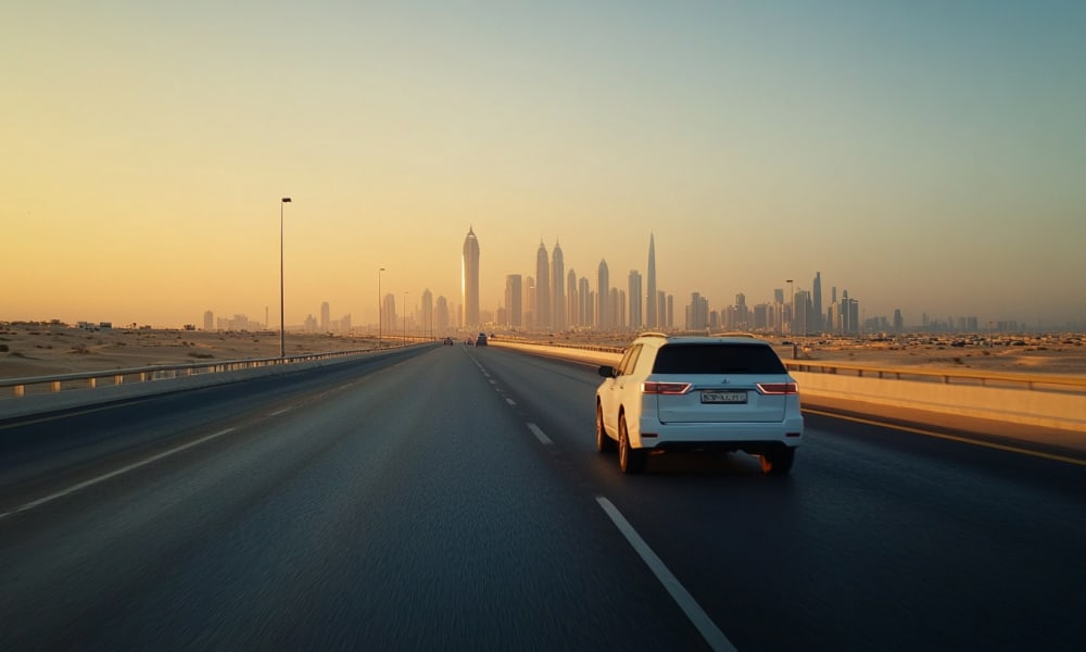 Ein weißer SUV fährt auf einer leeren Autobahn in Richtung einer Stadt mit hohen Wolkenkratzern bei Sonnenuntergang in Saudi-Arabien.