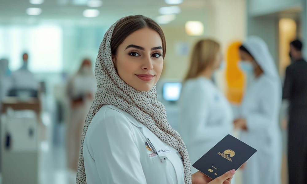 Eine lachende weibliche medizinische Fachkraft hält einen Reisepass, im Hintergrund sind andere Mitarbeiter in einem Flughafen oder medizinischen Einrichtung zu sehen.