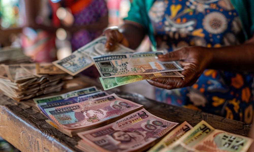 A woman counting and handling various banknotes of Malagasy ariary at a market stall.