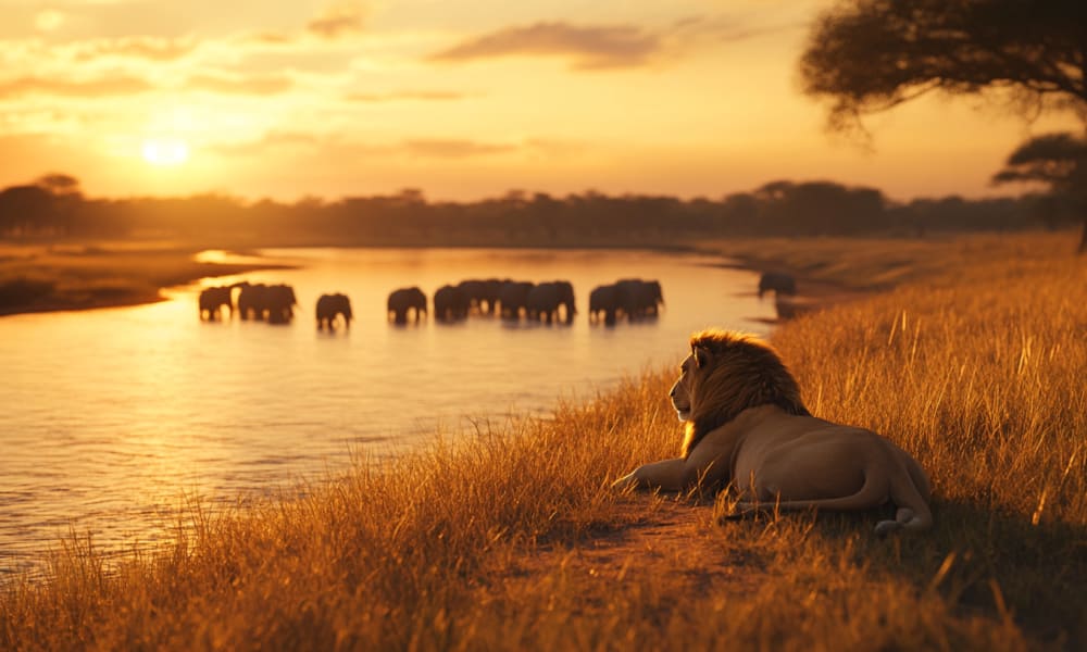 A majestic lion resting on the grassy riverbank while a herd of elephants drinks nearby during sunset.