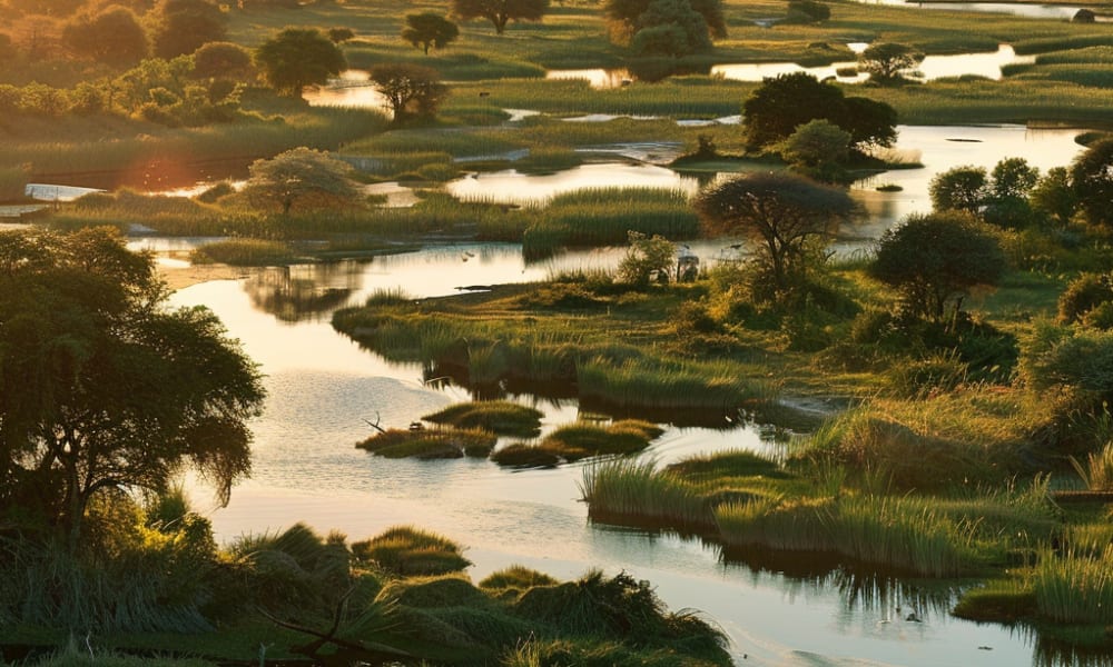 Sonnenaufgang über einem üppigen Feuchtgebiet mit zahlreichen kleinen Seen, Bäumen und grasbewachsenen Flächen in Botswana.