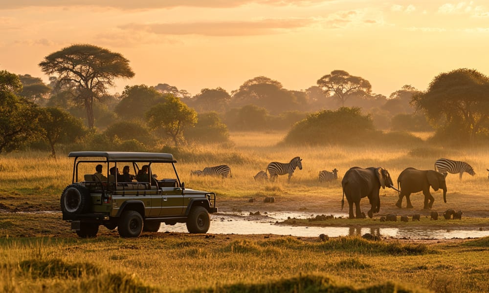 Ein Safarifahrzeug nähert sich einem Wasserloch mit Elefanten und Zebras in einer üppigen, goldenen Landschaft bei Sonnenuntergang.