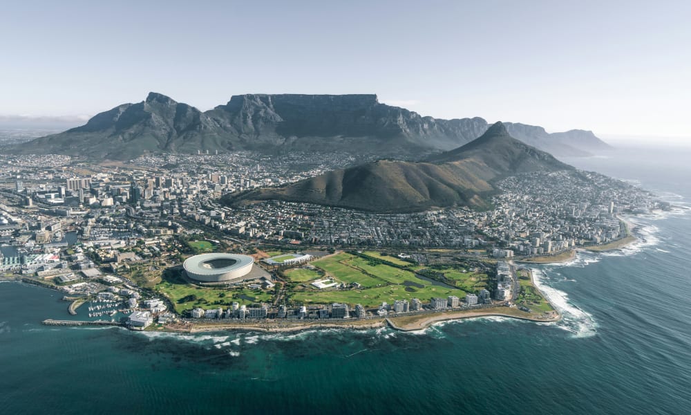 Cape Town Stadium, Table Mountain and Lionshead from the air 