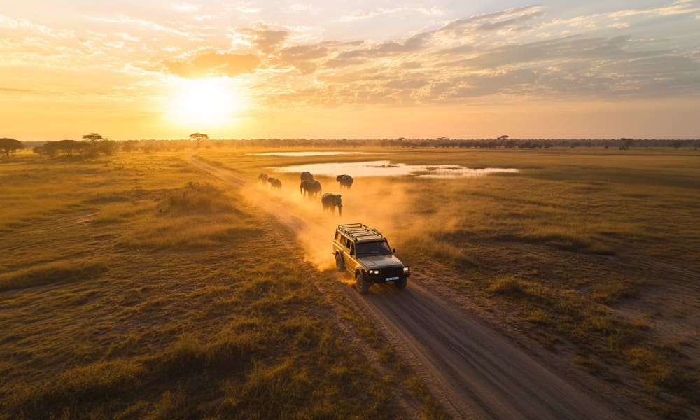 A safari vehicle drives along a dirt road through a vast, open landscape with elephants in the distance at sunset.