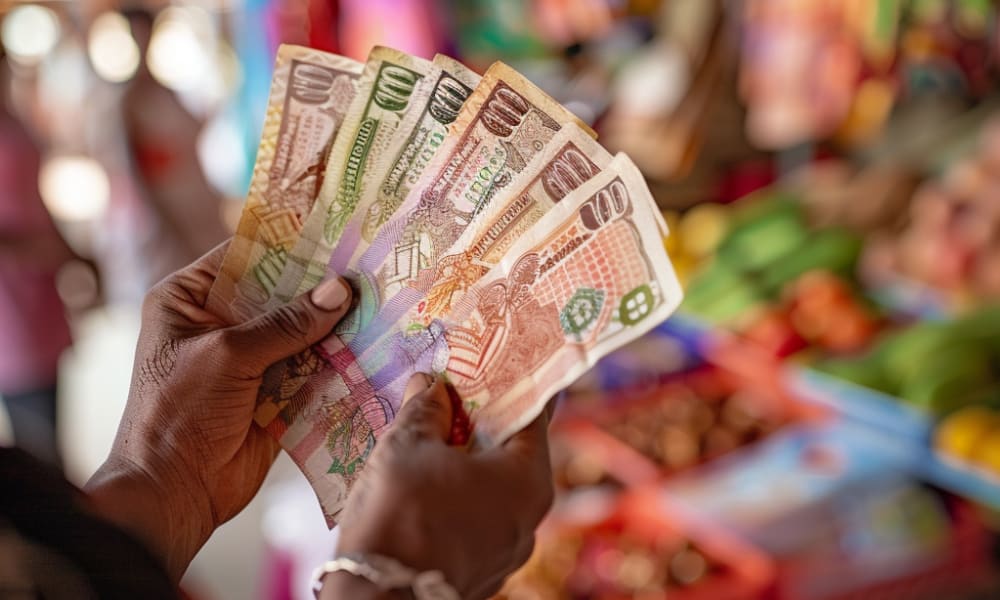 Person hält mehrere Botswananer Banknoten in einem bunten Marktumfeld.