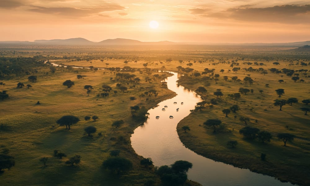 A vast landscape of South African national parks at sunset, featuring a winding river, scattered trees, and distant mountains.