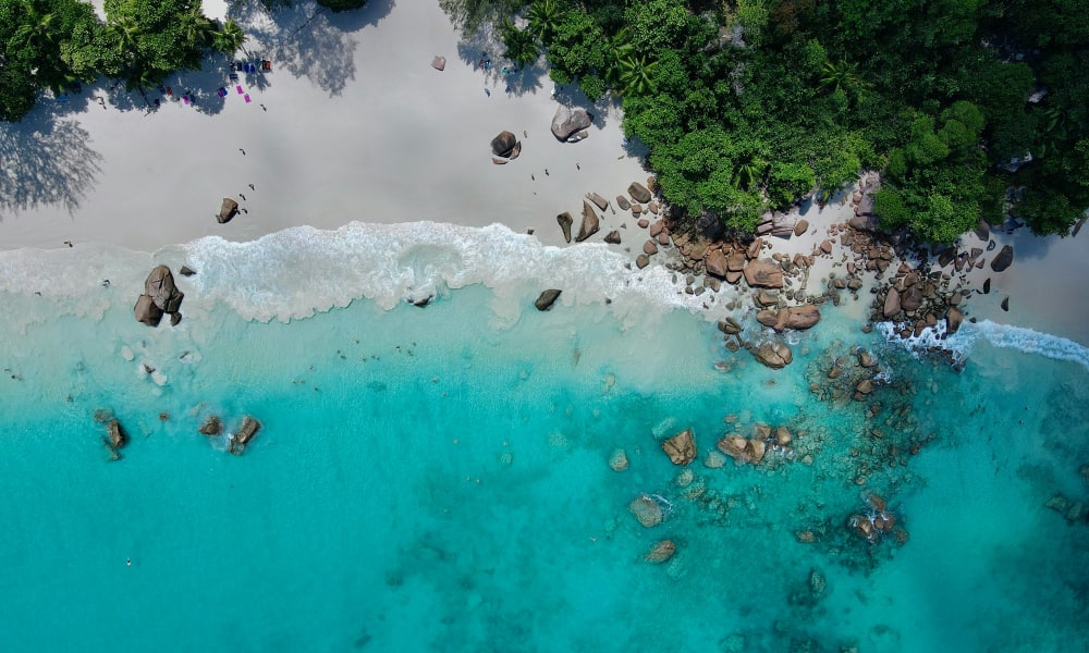 An aerial view of a pristine beach with white sand, turquoise waters, and dense green trees.