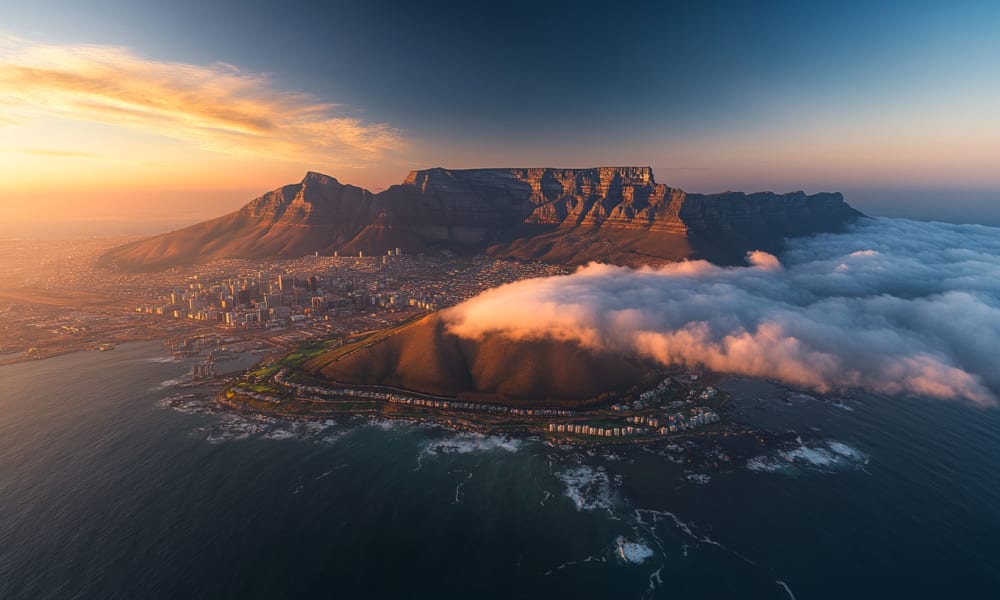 An aerial view of Table Mountain with clouds beneath it, overlooking Cape Town during sunset.
