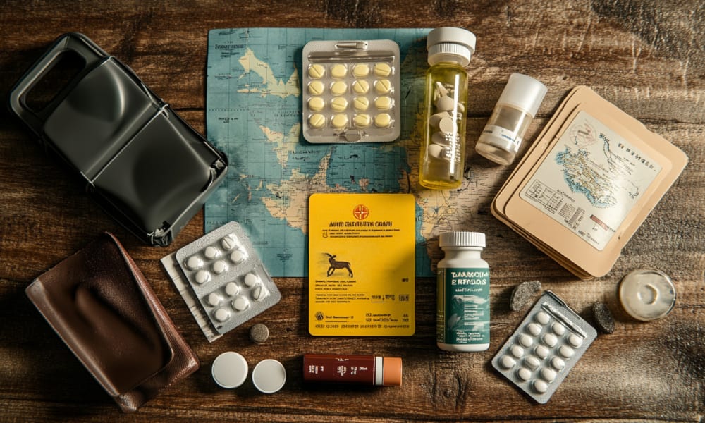 Various medicines, vaccines, and a travel map laid out on a wooden surface.
