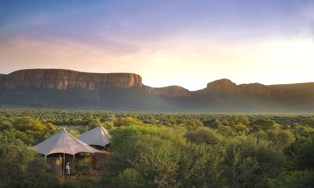 Zeltähnliche Suiten des Marataba Safari Lodge eingebettet in üppiges Grün mit Bergen im Hintergrund bei Sonnenuntergang.