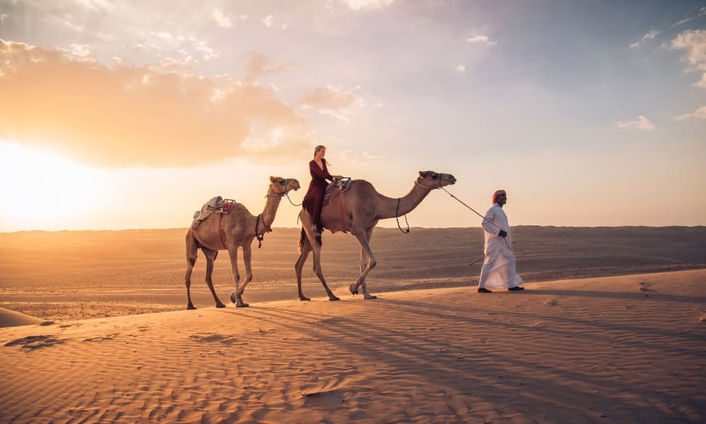 Eine Person führt zwei Kamele durch eine Wüste bei Sonnenuntergang, mit einer weiten Sandlandschaft und einem bunten Himmel in Oman.