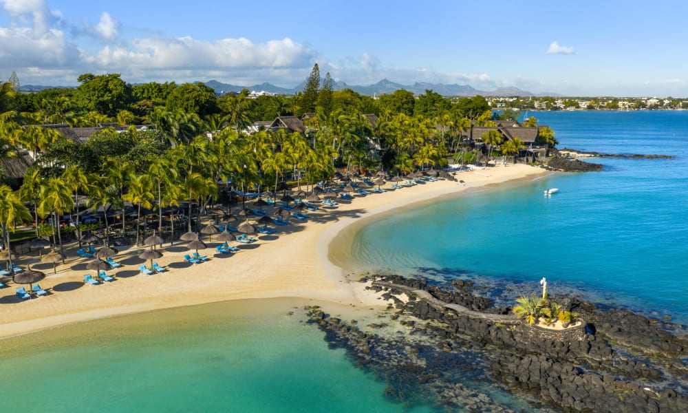 Curved sandy beach lined with numerous blue beach chairs and umbrellas beside clear turquoise water and lush green palm trees under a clear blue sky.
