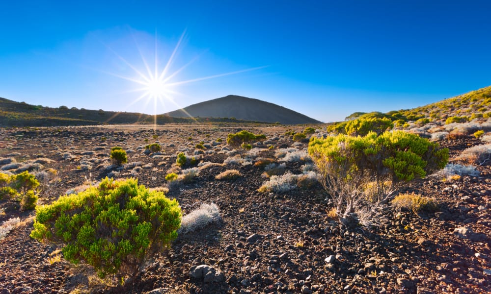 Bright sun shining over a rocky volcanic landscape with scattered green bushes and a mountain silhouette in the background under a clear blue sky.