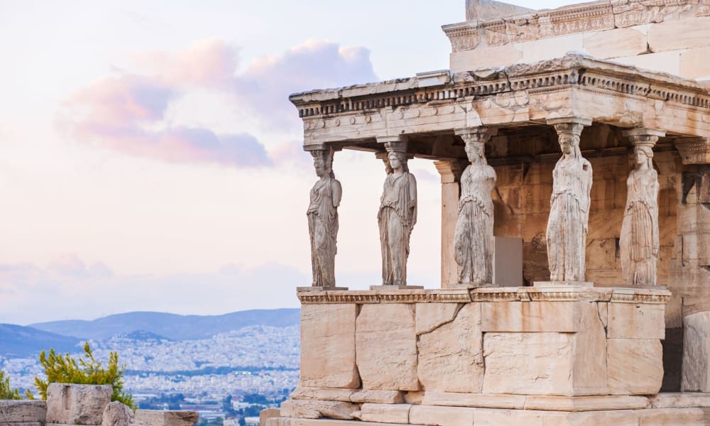 The Erechtheion temple with its Caryatids on the Acropolis in Athens, Greece, during daytime.