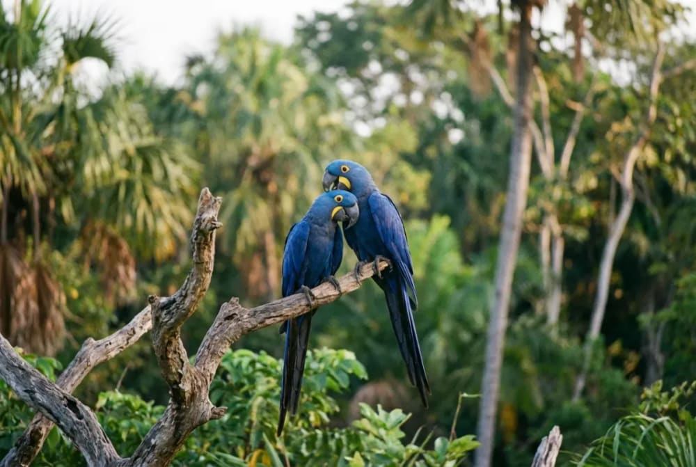 Hyazinth-Ara-Paar im Pantanal Brasilien — mit über 5.000 Exemplaren der größte Papagei der Welt