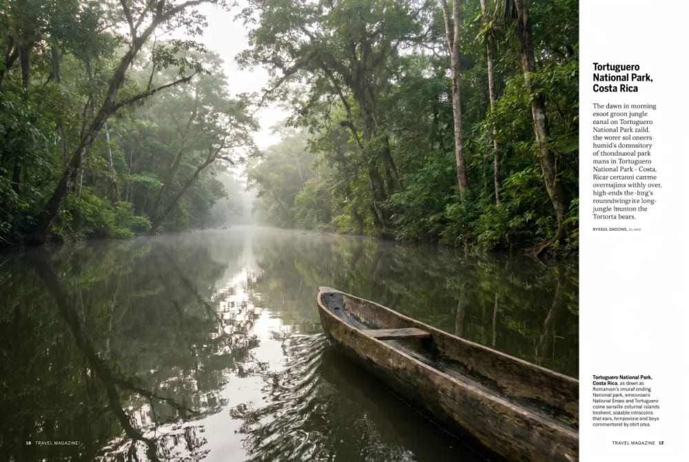 Ein nebliger Morgenblick auf einen ruhigen Dschungelkanal im Tortuguero Nationalpark, Costa Rica, mit dichten grünen tropischen Bäumen, die sich im Wasser spiegeln, und einem hölzernen Kanu, das durch den Kanal fährt.