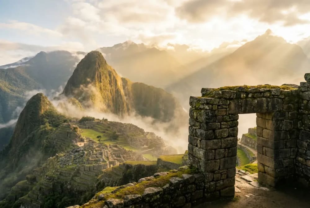 Inti Punku Sonnentor über Machu Picchu im ersten Morgenlicht — der klassische Ankunftsmoment des Inka-Trails