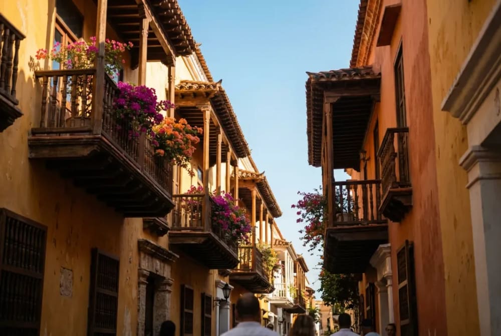 Farbenfrohe Kolonialgebäude mit blumengeschmückten Holzbalkonen in der UNESCO-geschützten Ciudad Amurallada von Cartagena de Indias