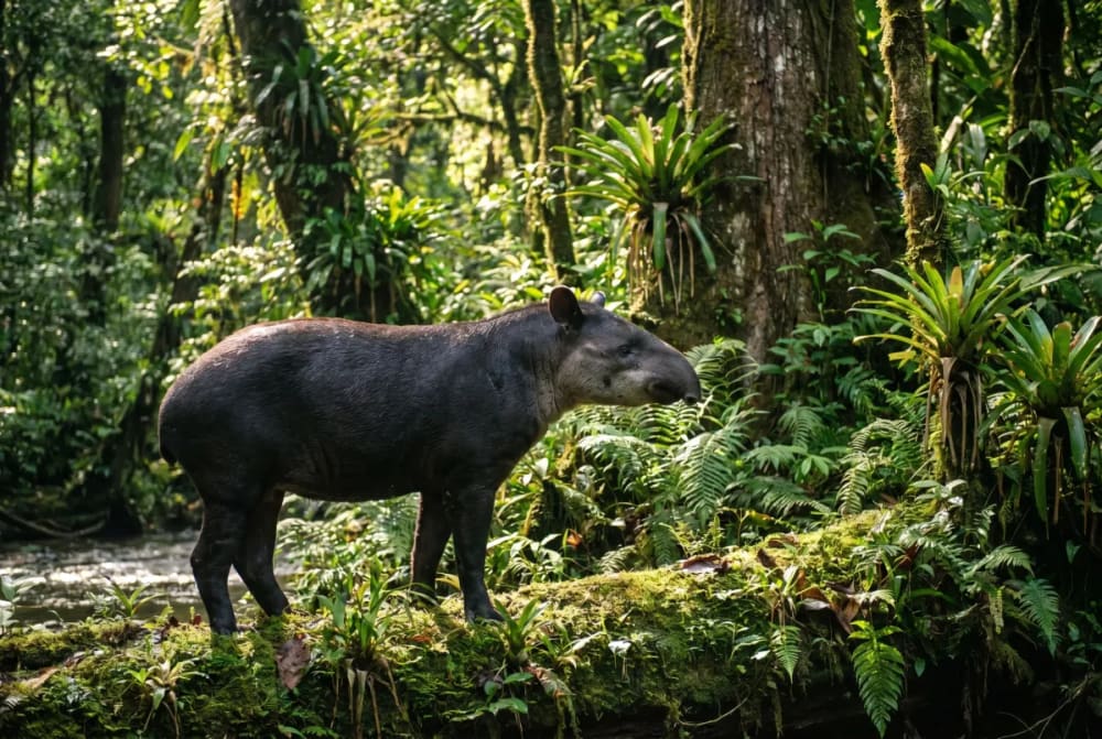 Ein Tapir steht auf moosbedecktem Boden in einem dichten, grünen Regenwald mit Farnen und tropischen Pflanzen um ihn herum.