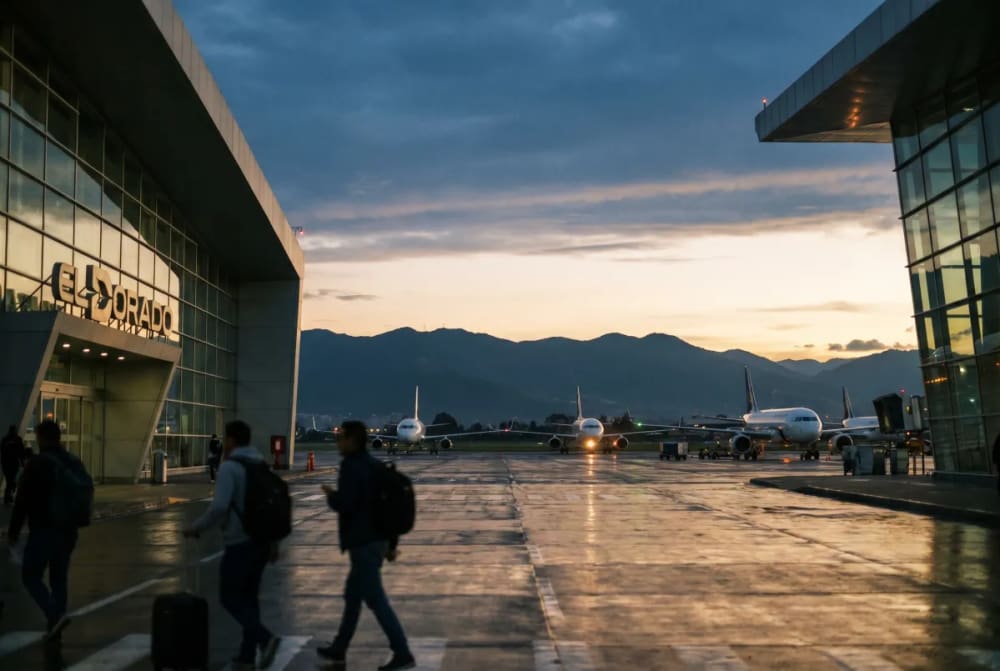 Passagiere gehen mit Gepäck am Flughafen El Dorado in Bogotá bei Sonnenuntergang, mit geparkten Flugzeugen in der Nähe des Terminals und Bergen im Hintergrund.