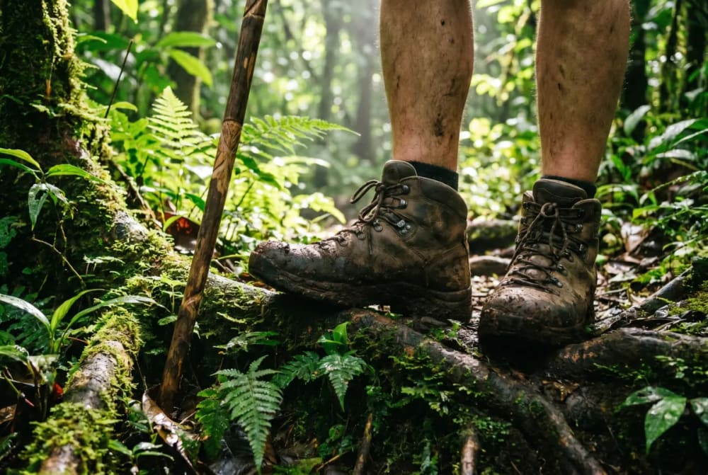 Nahaufnahme von schlammigen Wanderschuhen an den Füßen eines Wanderers, der auf moosbedecktem Waldboden neben einem hölzernen Wanderstock in einem üppigen, grünen Regenwald steht.