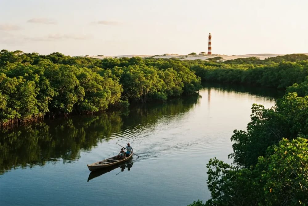 Der Preguiças-Fluss bei Mandacaru mit Leuchtturm und Mangrovenwald in den Lençóis Maranhenses