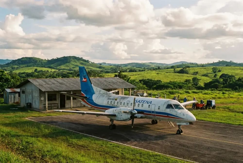 Satena-Kleinflugzeug auf der Landebahn von La Macarena — einzige Anreise zum Caño Cristales Kolumbien