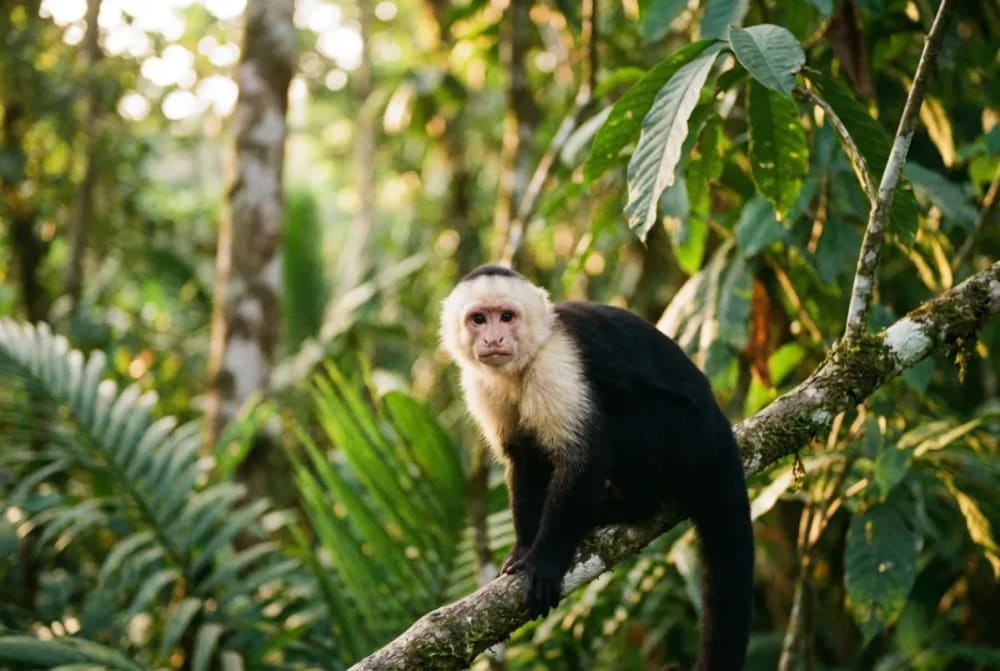 Weißkopf-Kapuziner auf einem Ast im Regenwald von Manuel Antonio beobachtet aufmerksam die Umgebung