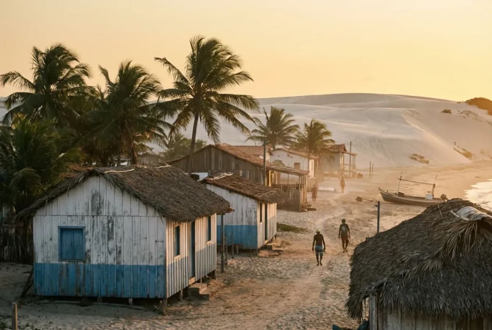 Fischerdorf Atins am Ostrand der Lençóis Maranhenses mit Sandpiste und Dünenhorizont