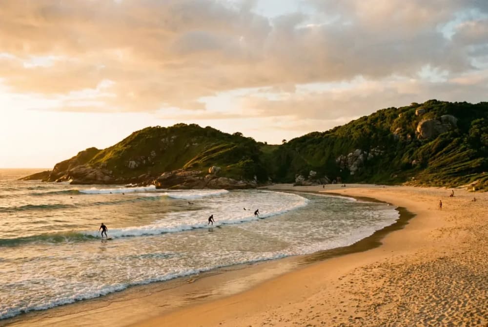 Praia Mole in Florianópolis mit Surfern im Abendlicht und grünen Felsen im Hintergrund