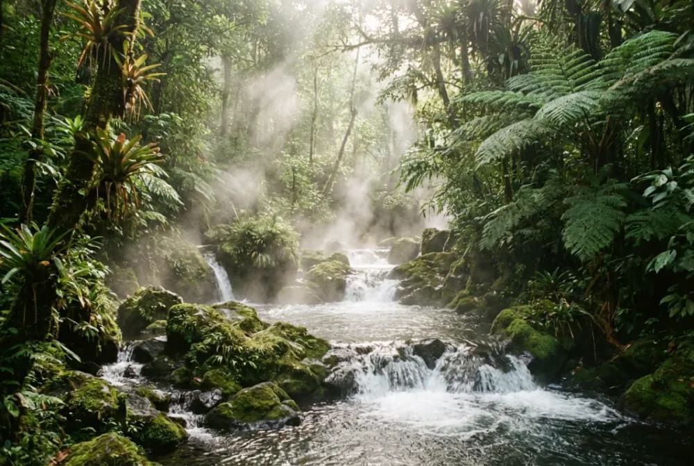 Natürlicher Thermalfluss im tropischen Regenwald bei Tabacón — heißes Vulkanwasser fließt frei durch moosbewachsene Steine