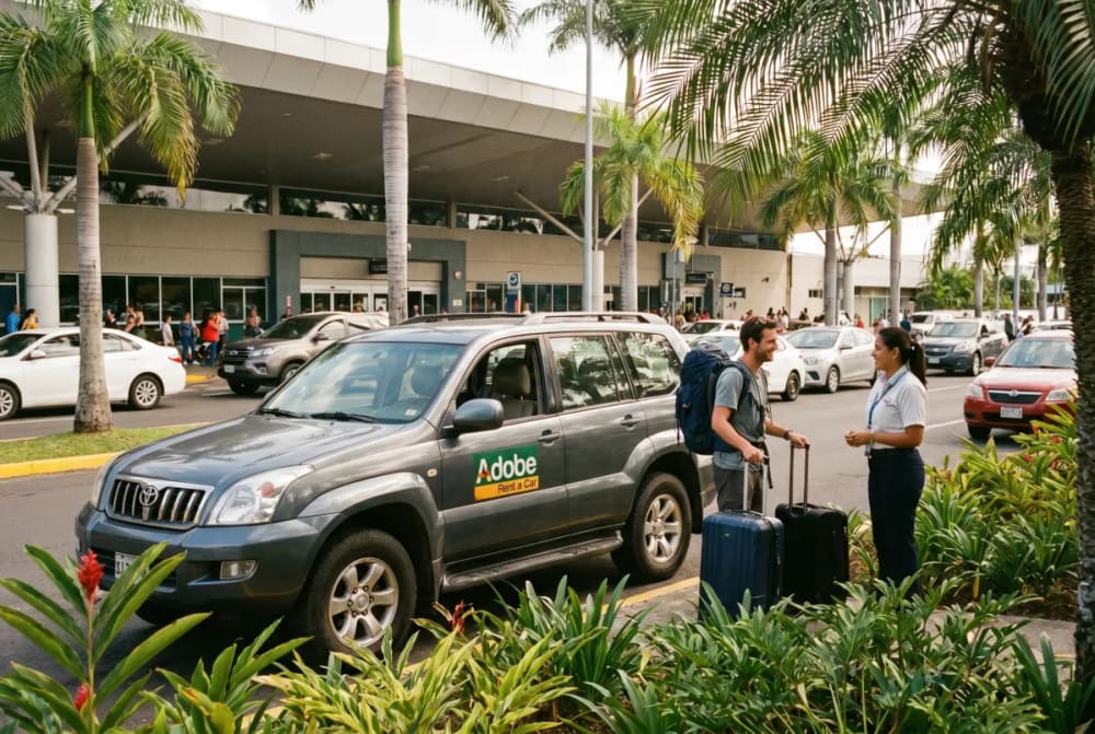 Ein Mann mit zwei Koffern spricht draußen vor einem Terminal mit einer Frau vor einem geparkten silbernen Toyota SUV mit einem "Adobe Rent a Car"-Schild an der Tür, umgeben von Palmen und Pflanzen.