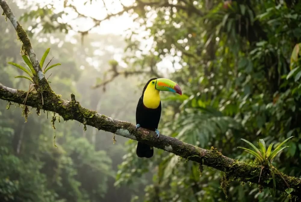 Tukan auf einem Ast über dem Kanal im Tortuguero Nationalpark Costa Rica, Bootsperspektive