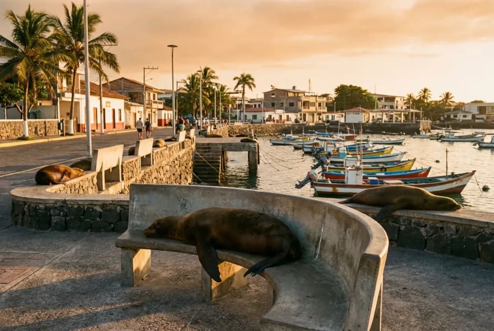 Galapagos-Seeloewen schlafen auf Parkbaenken und Booten am Malecon Hafen von Puerto Baquerizo Moreno, San Cristobal