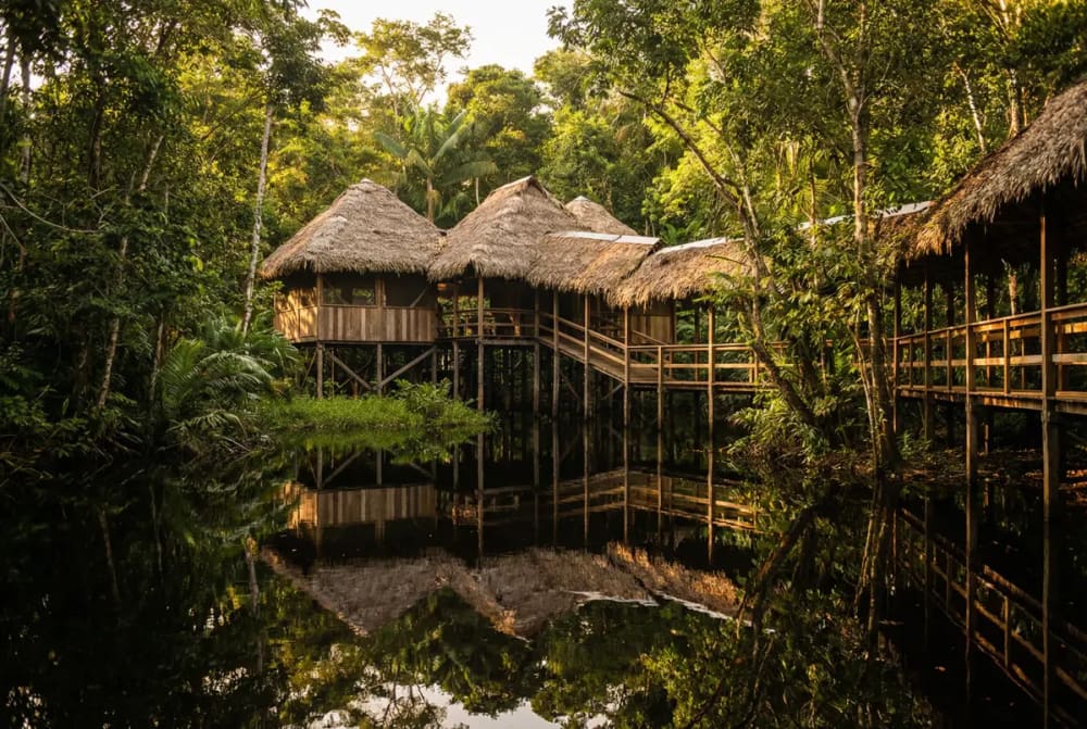 Amazonas Lodge auf Stelzen am Flussufer inmitten des Regenwaldes bei Manaus Brasilien